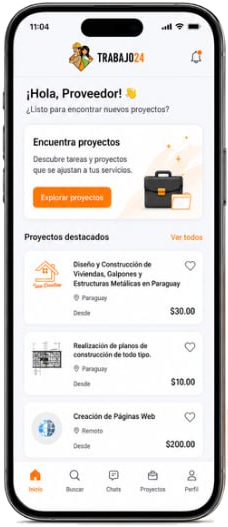 App Trabajo24: inicio del proveedor con proyectos destacados