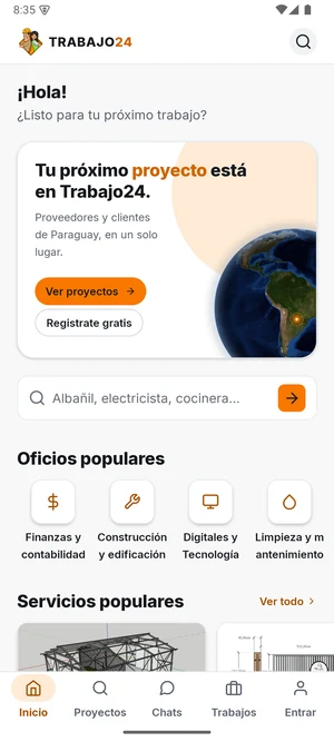 App Trabajo24: inicio con búsqueda y oficios populares